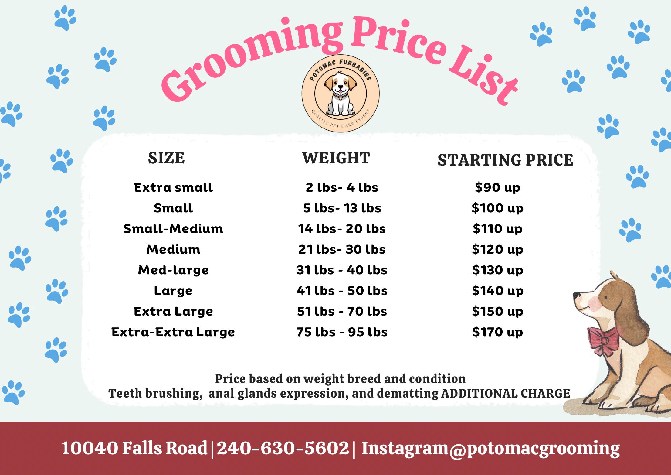 Price finalized by the groomer at appointment
