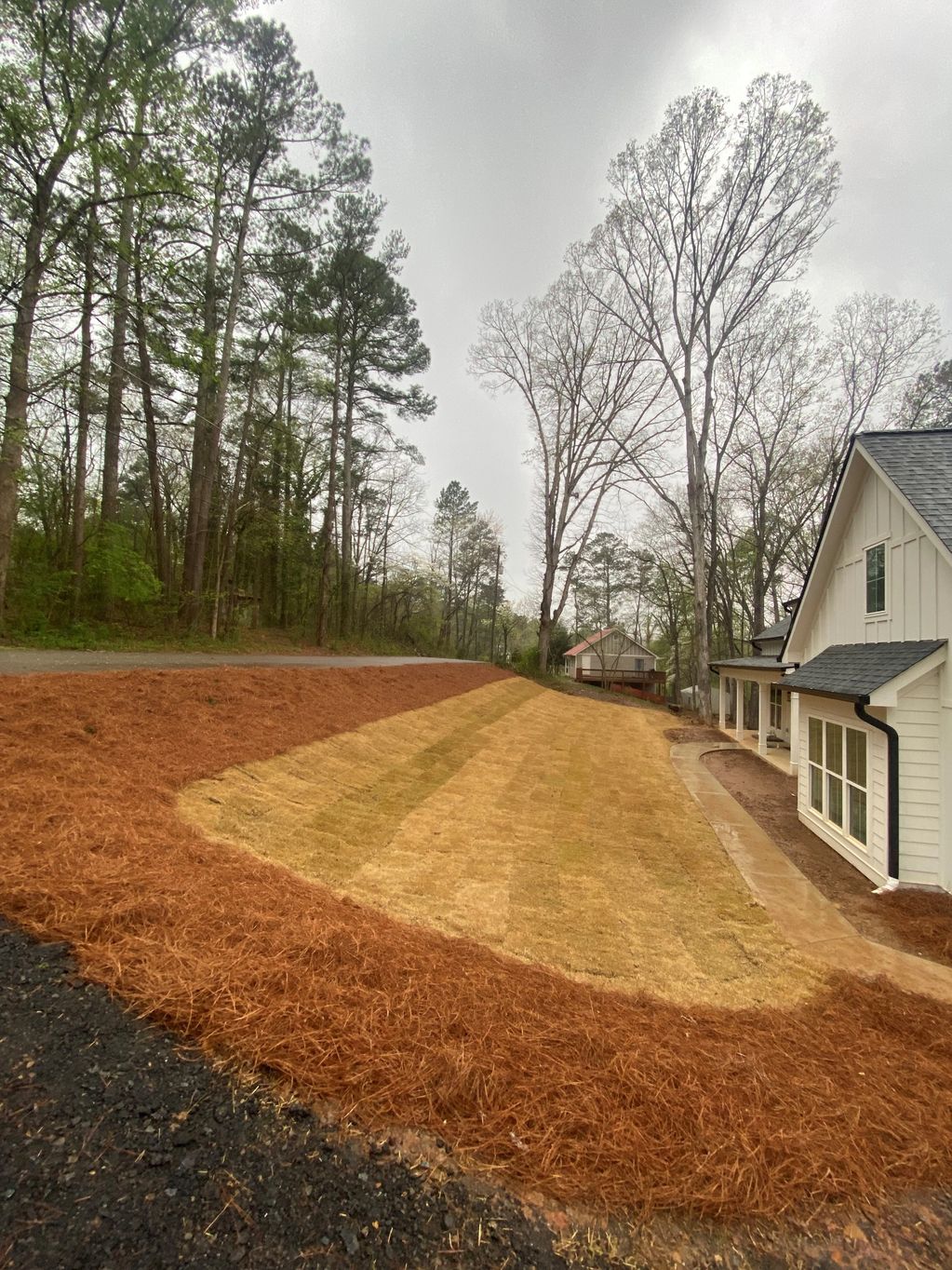 Drainage, 100 bales pine straw, and 9 pallets of Zoysia installed on this new build in Acworth, GA