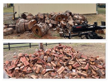 Two piles of chopped firewood in an outdoor setting.