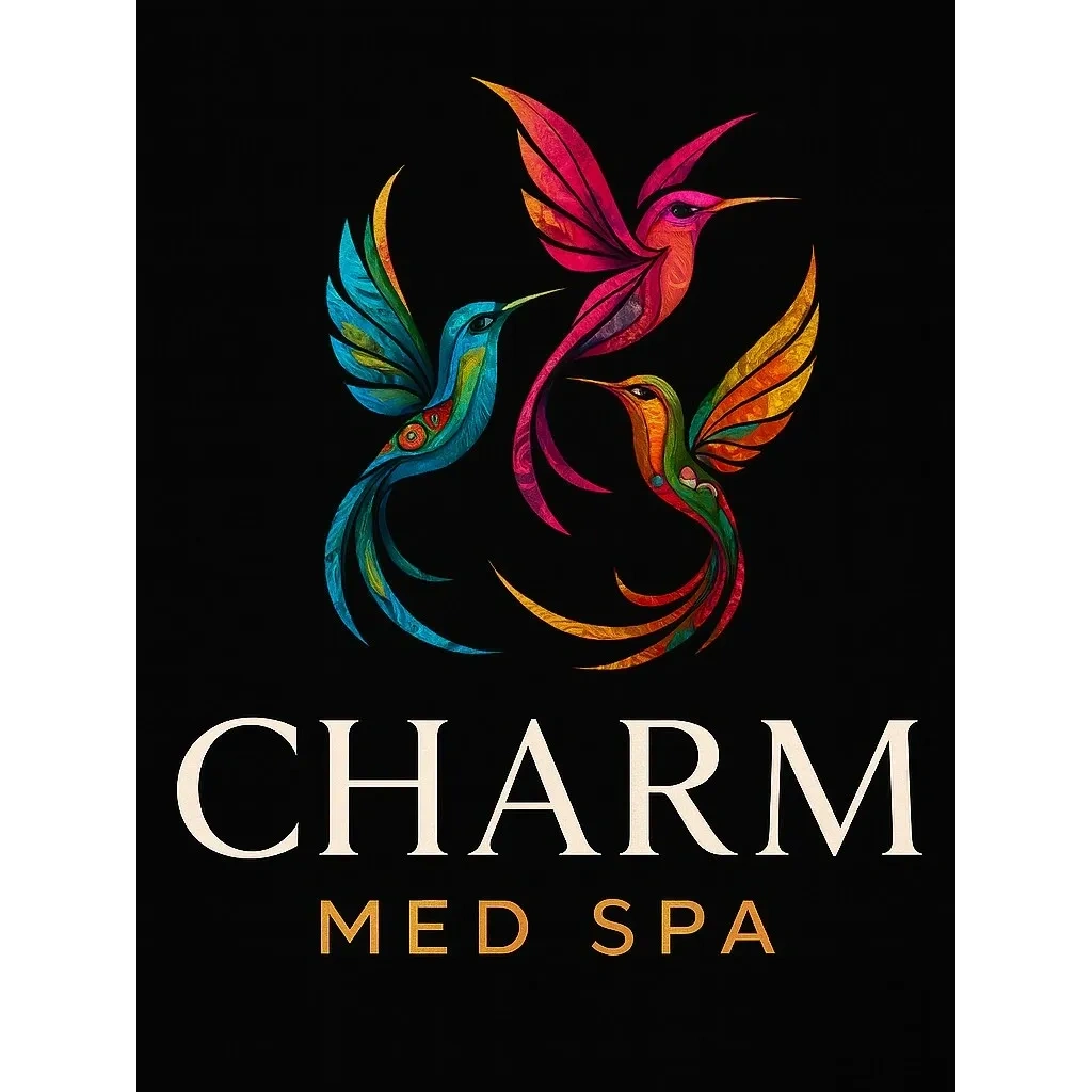 Colorful hummingbird logo for Charm Med Spa on black background.