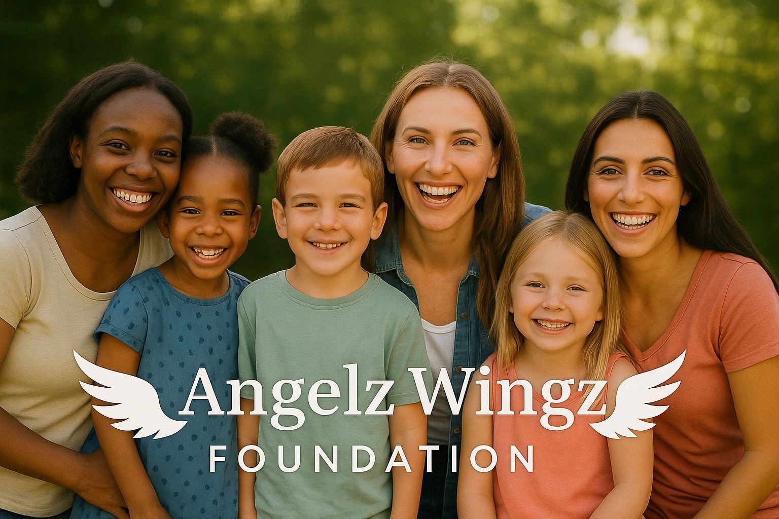 Smiling diverse group of children and adults together outdoors, Angelz Wingz Foundation logo overlaid.