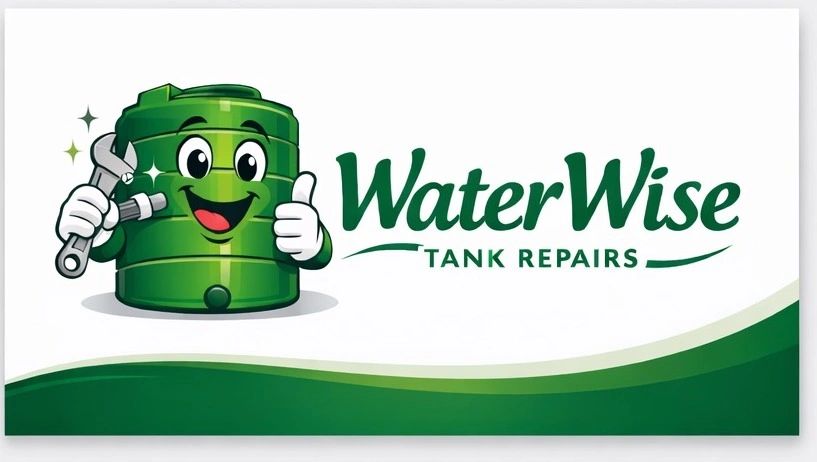 Logo of WaterWise Tank Repairs with a smiling water tank mascot holding a wrench.
