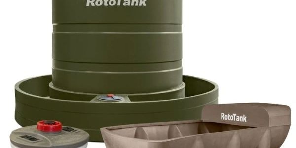 Set of RotoTank water storage tanks in various sizes and colors.