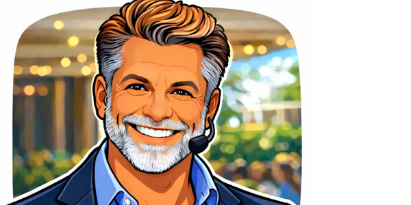 Smiling man with gray hair and beard wearing a headset and suit.