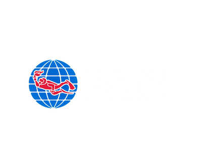 PADI logo with a diver over a blue globe and white text.