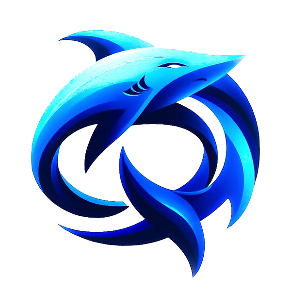 Stylized blue shark logo with dynamic curves and sharp fins.