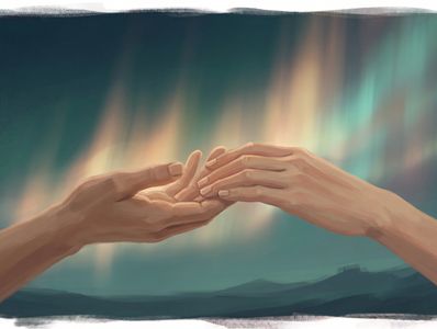 Two hands gently touching against a glowing sky.