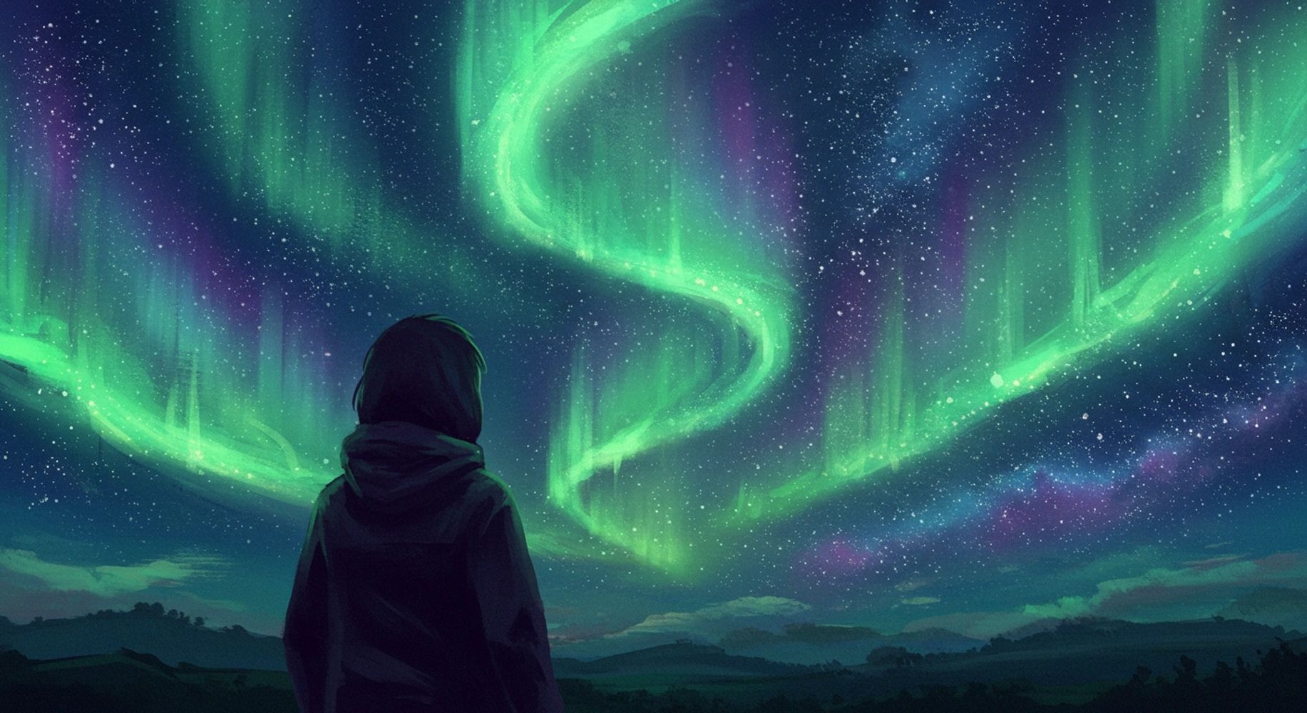A person watches the vibrant northern lights swirl across a starry night sky.