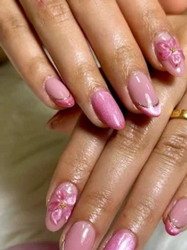 Pink chrome nails with floral accents — Cute Cut Beauty Salon & Spa, Zinj Bahrain