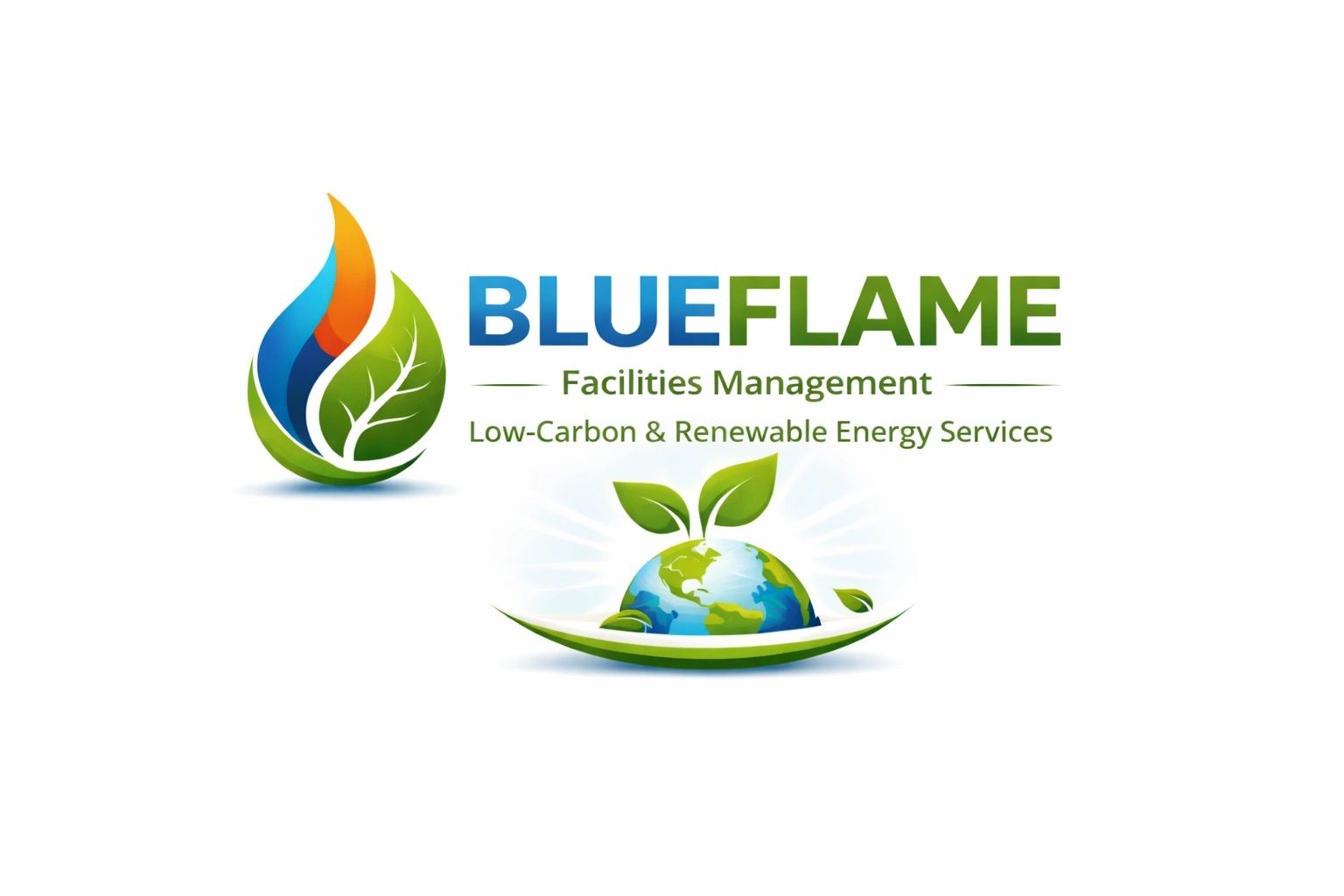 Blue Flame FM logo with green energy and earth elements.