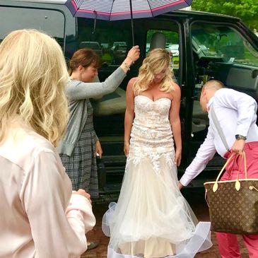 Bride getting off a van