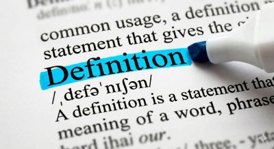 A dictionary page showing the word 'Definition' highlighted in blue.