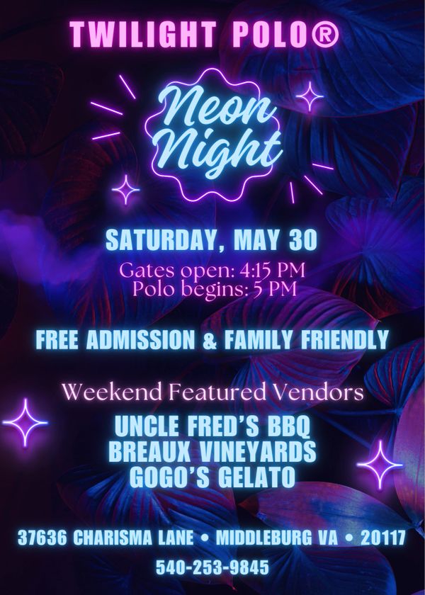 Twilight Polo Neon Night event with free admission and family-friendly atmosphere.