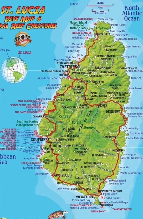 Dive map of St. Lucia showing coral reef creatures locations.