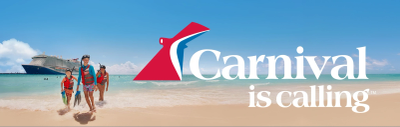 Family enjoying beach with Carnival cruise in background.