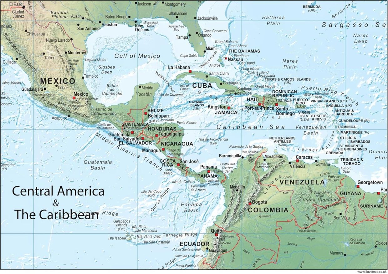 Map of Central America and the Caribbean.