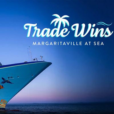 Front of a cruise ship at sunset with "Trade Wins Margaritaville at Sea" text.