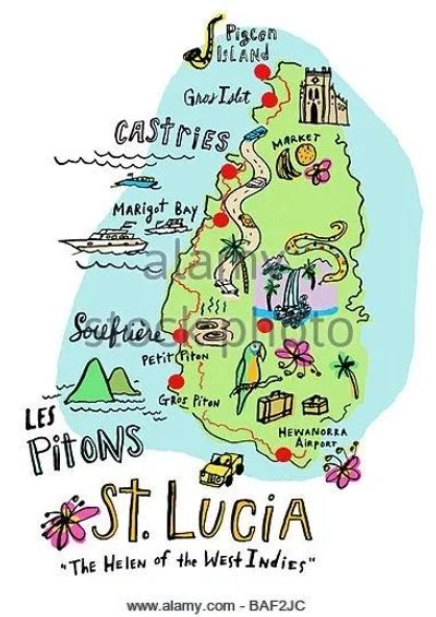 Illustrated map highlighting St. Lucia’s landmarks and features.