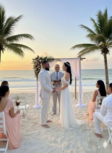 A beach wedding ceremony at sunset with bride and groom holding hands.