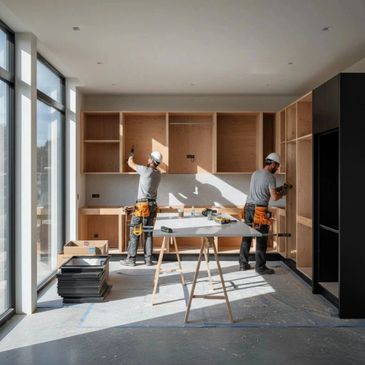 Two workers installing wooden kitchen cabinets in a bright room.
