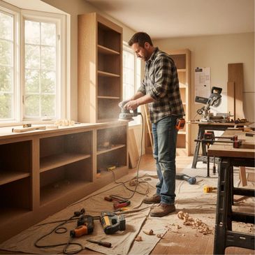 Man sanding wooden shelves in a workshop filled with tools and wood shavings.