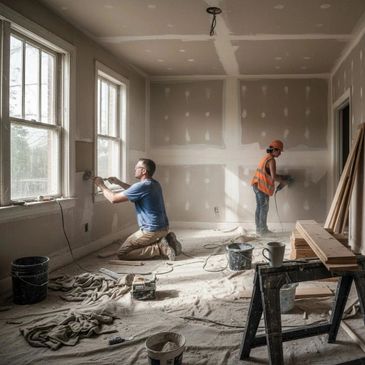 Two workers renovating a room with drywall and sanding tools.