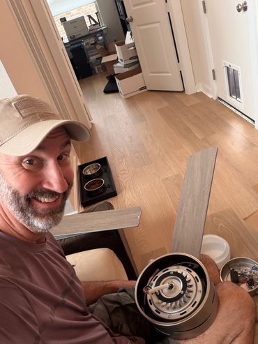 Before — outdated ceiling fan before replacement by Adam Taylor the Handyman in Creekside Park, The