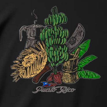 Black T-shirt with Puerto Rican cultural symbols and green bananas graphic.