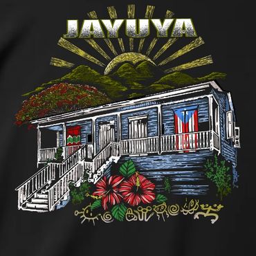 Black T-shirt with colorful Jayuya house and Puerto Rican flag design.