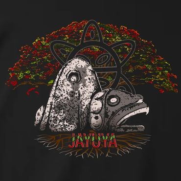 Black t-shirt with Jayuya stone heads and a tree design.