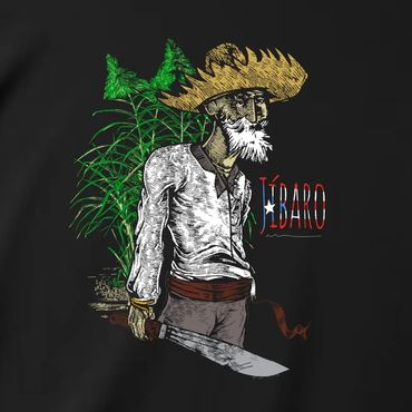 Black t-shirt featuring a rustic farmer with a machete and the word "Jíbaro."