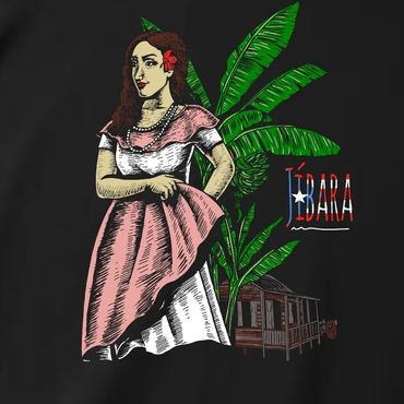 Black t-shirt with a vintage illustration of a woman, palm leaves, and the text 'IBARA'.