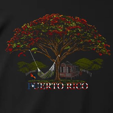 Black T-shirt with Puerto Rico design featuring a tree, hammock, house, and rooster.