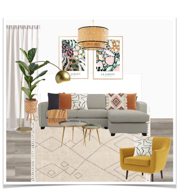 Example of design board for a boho lounge. Copyright Maggie Boucher Interior Design