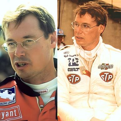 Two close-up images of a man in racing suits and glasses.