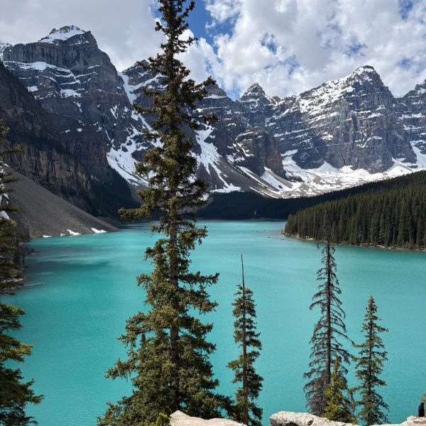 Turquoise lake surrounded by snowy mountains and pine trees.