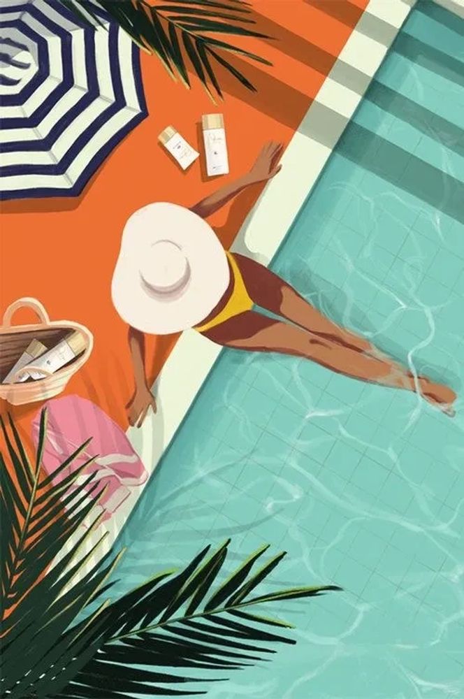 A woman in a pool enjoying her vacation with a sinless sun spray tan.