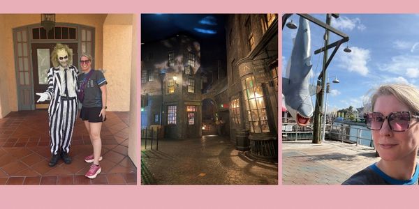 Three photos featuring a person with a character, a themed street, and a shark.