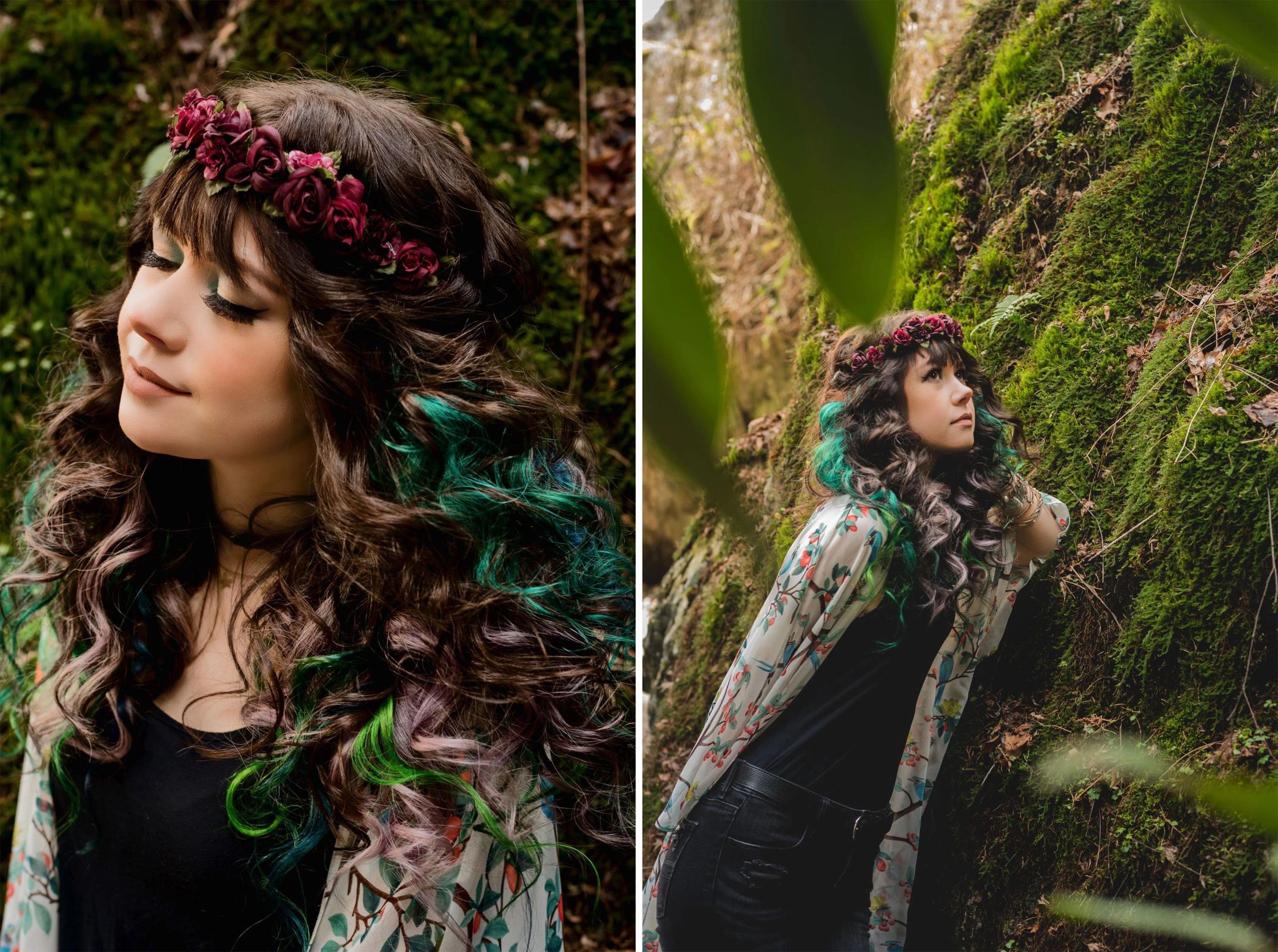 A girl wearing a floral crown has long brown and green hair with curls. Taken in a lush forest.