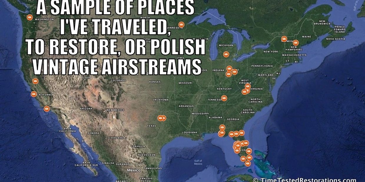 A USA map pinned with some of the locations I've traveled to restore, or polish vintage Airstreams.