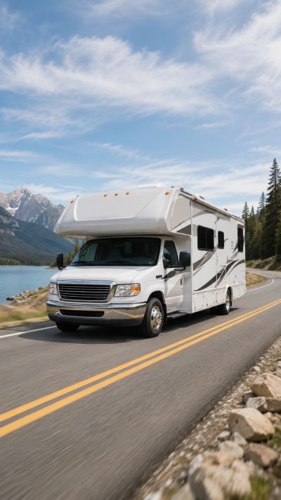 Motor home traveling on the road representing RV insurance coverage