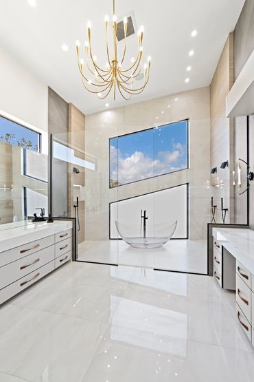 master bathroom. primary bathroom. clear bathtub. acrylic bathtub. wet room