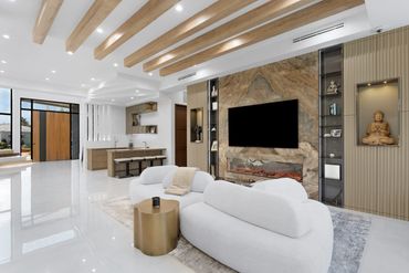 living room with marble wall