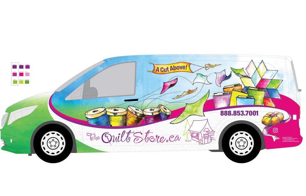 white van spools of thread with flying material pieces acting like kites, floating together to form