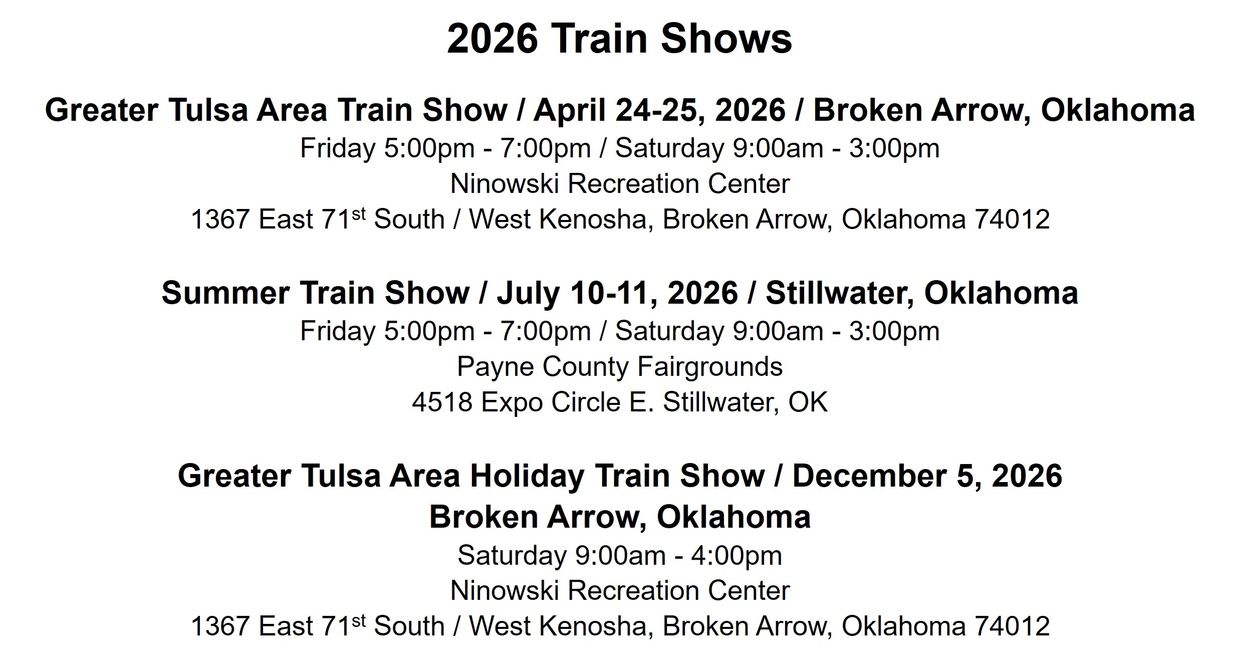 2026 Train Shows schedule in Oklahoma including Tulsa and Stillwater events.