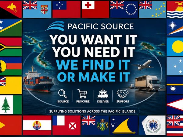 Pacific Source advertisement promoting procurement, product sourcing and supply solutions across the Pacific Islands with flags and transport imagery.