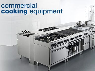 Commercial kitchen cooking equipment with stove and fryer.