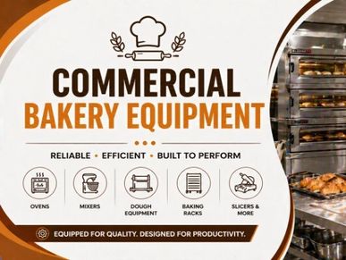 Commercial bakery equipment with ovens, mixers, and dough tools.