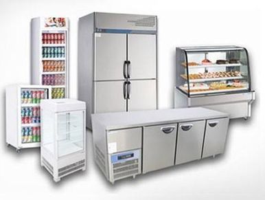 Various commercial refrigeration units including coolers, refrigerators, and display cases.