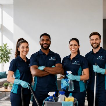 Équipe de nettoyeurs souriants en uniforme avec équipements de nettoyage.